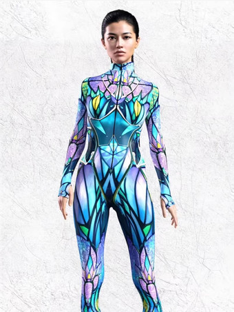 ブルー コスチューム、キャットスーツ、ゼンタイコスチューム、ネオンボディスーツ、ハロウィンコスプレ衣装、3DデジタルプリントUVグローボディスーツ、ハロウィンホリデーキャットスーツ、ゼンタイ