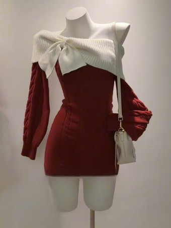 Robe Sweet Lolita grise à manches longues épaules dénudées maille torsadée robe moulante Club Lolita