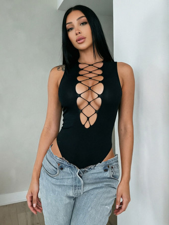 レディース クロスカットアウト ノースリーブ ボディスーツ セクシー フロントレースアップ ディーププランジ タンクトップ