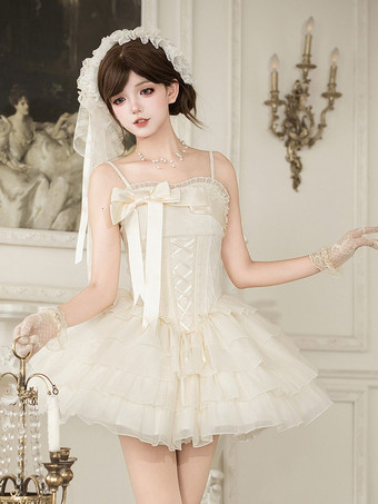Ensemble robe Fairy Lolita blanche sans manches à bretelles spaghetti et corset mini Lolita
