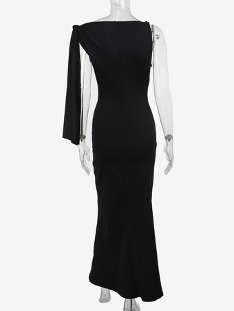 Partykleider Schwarzes Cremefarbenes schulterfreies Meerjungfrauen-Maxikleid mit Bindegürtel und langen Ärmeln