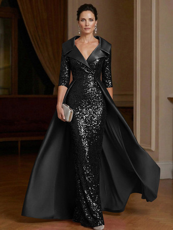 SchwarzFestliches Kleid für die Mutter der Braut V-Ausschnitt 3/4-Ärmel Etuikleid Pailletten Gästekleid für Hochzeiten