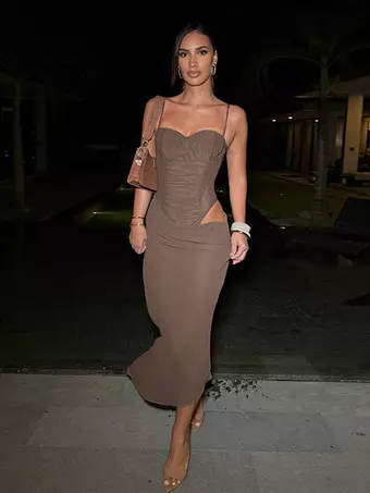 brown dress with split Night Out Dresses Ruched Spaghetti Strap Maxi Side Cutout High Mermaid Bodycon Party Gown Lottie Cover Up Women's Purple Floral Lace-Up Size:Size 4-6 secure fit through the