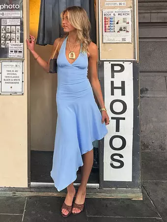 party dresses under 20 qolati Summer Dresses for Women 2023 Cute Twisted Knot Front Spaghetti Strap Maxi Dress Elegant Hollow Out High Split Hem Prom Cocktail Party Dress