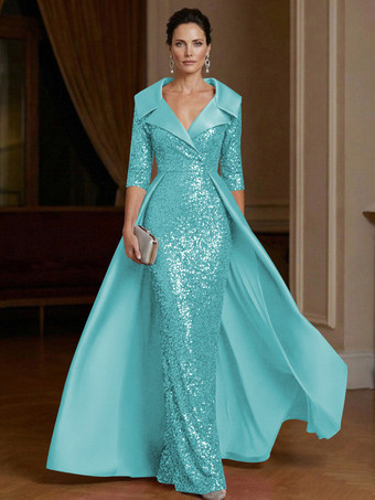Hellblau Festliches Kleid für die Mutter der Braut V-Ausschnitt 3/4-Ärmel Etuikleid Pailletten Gästekleid für Hochzeiten