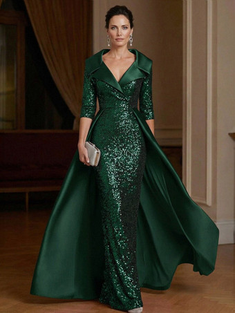 Dunkelgrün      Festliches Kleid für die Mutter der Braut V-Ausschnitt 3/4-Ärmel Etuikleid Pailletten Gästekleid für Hochzeiten