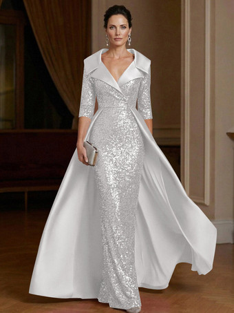 WeißFestliches Kleid für die Mutter der Braut V-Ausschnitt 3/4-Ärmel Etuikleid Pailletten Gästekleid für Hochzeiten