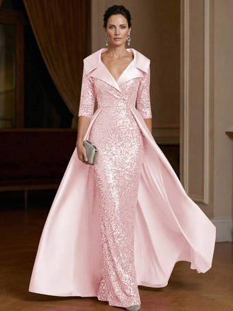 RosaFestliches Kleid für die Mutter der Braut V-Ausschnitt 3/4-Ärmel Etuikleid Pailletten Gästekleid für Hochzeiten