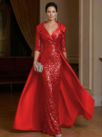 Rot Festliches Kleid für die Mutter der Braut V-Ausschnitt 3/4-Ärmel Etuikleid Pailletten Gästekleid für Hochzeiten