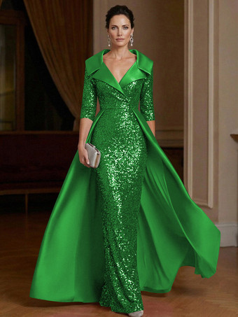 Grün Festliches Kleid für die Mutter der Braut V-Ausschnitt 3/4-Ärmel Etuikleid Pailletten Gästekleid für Hochzeiten