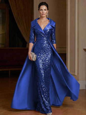 BlauFestliches Kleid für die Mutter der Braut V-Ausschnitt 3/4-Ärmel Etuikleid Pailletten Gästekleid für Hochzeiten
