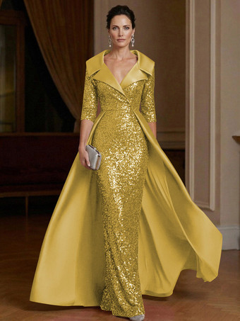 Golden Festliches Kleid für die Mutter der Braut V-Ausschnitt 3/4-Ärmel Etuikleid Pailletten Gästekleid für Hochzeiten