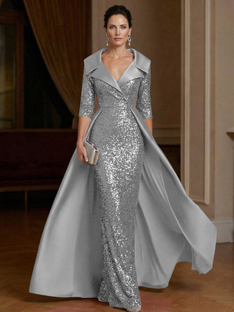 SelberFestliches Kleid für die Mutter der Braut V-Ausschnitt 3/4-Ärmel Etuikleid Pailletten Gästekleid für Hochzeiten