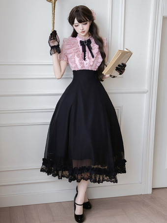Sweet Lolita Dress Short Sleeves White Picnic V Neck Bow Layer Lace Hem A Line Long Dress