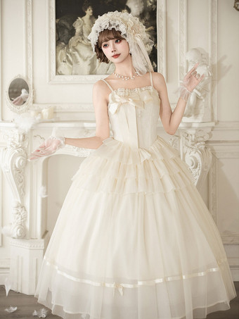 Ensemble 4 pièces de robe Lolita féerique blanche à fines bretelles en tulle à volants et dentelle florale.