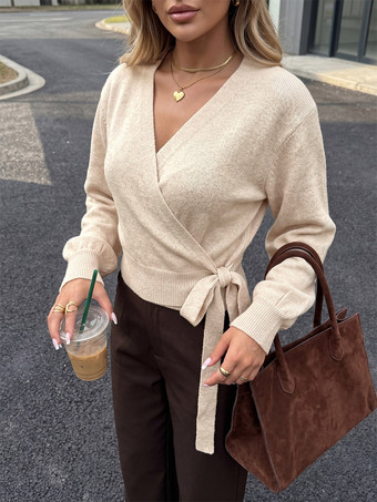 Pull femme couleur abricot clair col en V lacé manches longues style lanterne