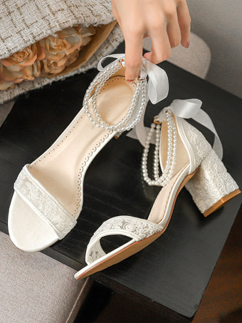 Chaussures de mariée à talon bloc bout ouvert dentelle perles bride cheville chaussures de demoiselle d'honneur