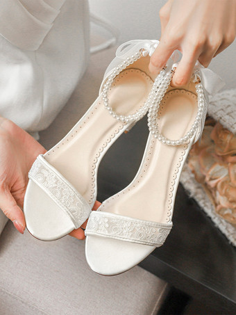 Chaussures de mariée à talon bloc bout ouvert dentelle perles bride cheville chaussures de demoiselle d'honneur