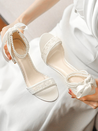 Chaussures de mariée à talon bloc bout ouvert dentelle perles bride cheville chaussures de demoiselle d'honneur