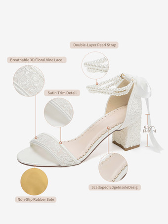 Chaussures de mariée à talon bloc bout ouvert dentelle perles bride cheville chaussures de demoiselle d'honneur