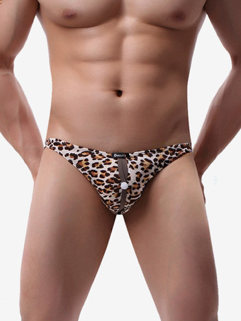 LeopardenmusterSexy Herren-Tanga mit floralem Leopardenmuster Mesh-Einsatz niedrigem Bund Druckknöpfen und offenem Schritt transparente Unterwäsche