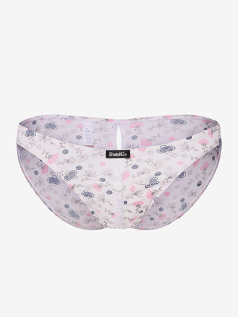 milchweißSexy Herren-Tanga mit floralem Leopardenmuster Mesh-Einsatz niedrigem Bund Druckknöpfen und offenem Schritt transparente Unterwäsche