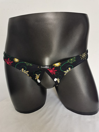 Sexy Herren-Tanga mit floralem Leopardenmuster Mesh-Einsatz niedrigem Bund Druckknöpfen und offenem Schritt transparente Unterwäsche