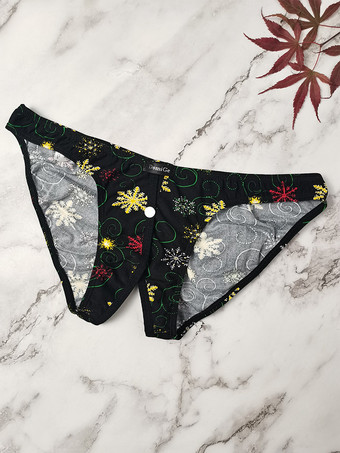 Sexy Herren-Tanga mit floralem Leopardenmuster Mesh-Einsatz niedrigem Bund Druckknöpfen und offenem Schritt transparente Unterwäsche