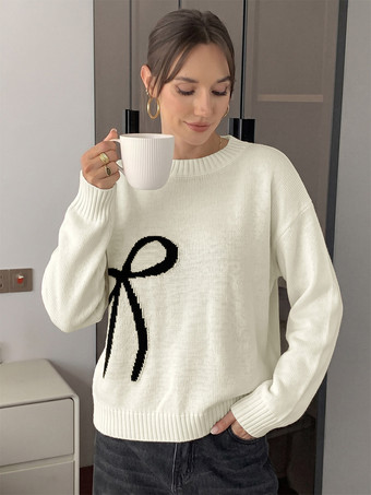 アイボリー クリームホワイトのクルーネックニットセーター、大きなコントラストの黒いリボン刺繍、長袖のゆったりとしたプルオーバー