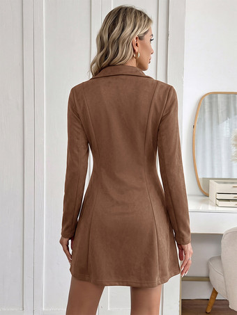Robe courte marron en faux daim col à revers décolleté en V manches longues taille cintrée jupe évasée idéale pour l'automne