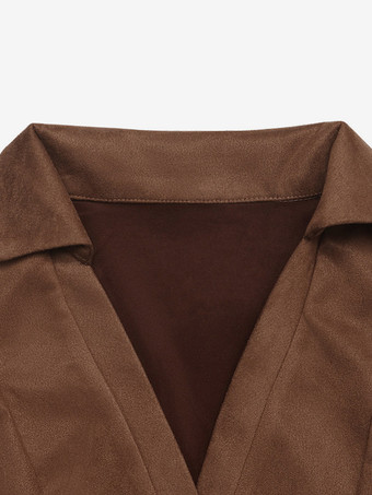 Robe courte marron en faux daim col à revers décolleté en V manches longues taille cintrée jupe évasée idéale pour l'automne