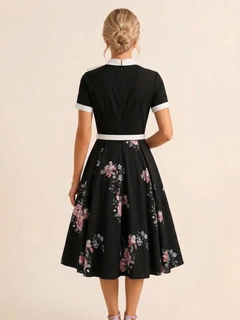 ヴィンテージ1950年代ミディドレス（女性用） - ボウタイネックプリントAラインスイングドレス - スプリングティーパーティー2026