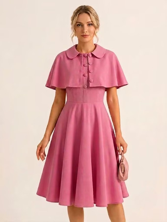 ピンク ヴィンテージ1950年代ミディドレス（ケープレット付き）レディースAラインスイングスケータードレス - サマーレトロパーティ2026