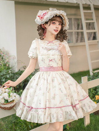 Sweet Lolita Dress Short Sleeve Ruffle Collar Mini Puffy White Floral Print Princess Dress