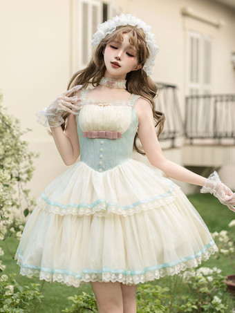 Robe Lolita féerique blanche et vert menthe corset courte Lolita JSK ensemble 4 pièces robe tablier mini en tulle à bretelles spaghetti et volants