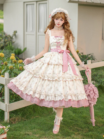 Sweet Lolita Dress White Pink Floral Spaghetti Strap Tiered Ruffle Midi Suspender Dress