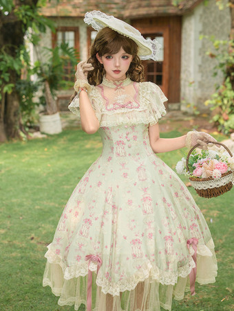 Robe Sweet Lolita rose à imprimé floral manches courtes col à volants robe de princesse bouffante pour tea party