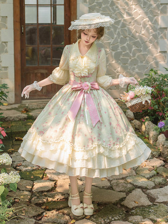 Sweet Lolita Dress Pink Light Green Flare Sleeve Blouse Spaghetti Strap Tiered Ruffle Pinafore Floral Print Lolita JSK Set