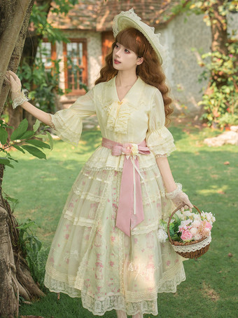 Sweet Lolita Dress Cream Floral Print V Neck Flare Sleeve Blouse Tiered Lace Midi SK Skirt Sets
