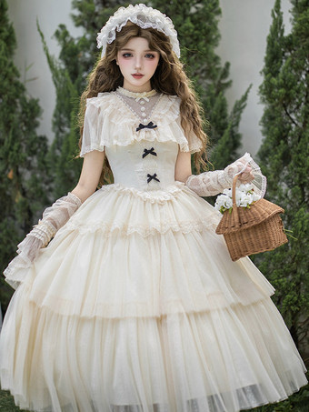 Cream White Long OP Lolita Dress 3 Pcs Set Sheer Cape Collar Tiered Lace Maxi Puffy Dress