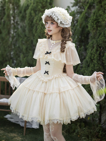 Robe Lolita courte crème blanche ensemble 3 pièces capelet à volants et mini robe bouffante de princesse