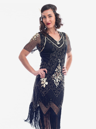 ブラックゴールドレトロコスチューム 1920年代フラッパードレス フリンジ付きブラックドレス 1920年代グレートギャツビーコスチューム ヴィンテージコスチューム