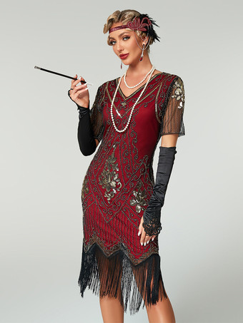 レッド レトロコスチューム 1920年代フラッパードレス フリンジ付きブラックドレス 1920年代グレートギャツビーコスチューム ヴィンテージコスチューム