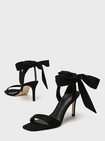 Schwarze Partyschuhe aus Samt offene Zehenpartie Knöchelriemen mit Schleife Homecoming-Schuhe