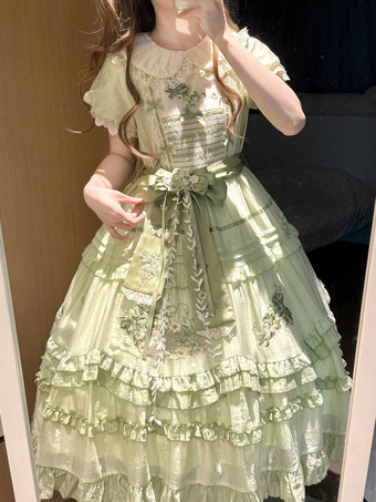 Ensembles de robes Sweet Lolita à manches courtes ceinture et broderies florales vertes à volants superposés