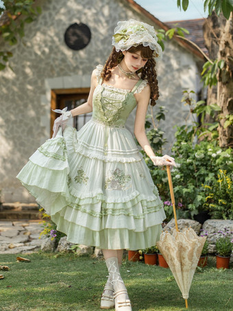 Ensembles de robes Lolita Sweet Lolita sans manches à volants et ceinture à étages broderie florale verte