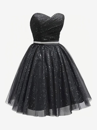 NoirRobe de bal courte robe de soirée robe mini à sequins trapèze sans bretelles