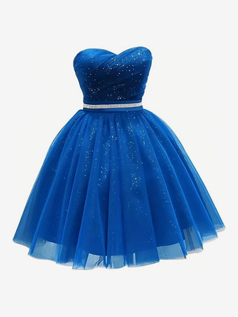 BleuRobe de bal courte robe de soirée robe mini à sequins trapèze sans bretelles
