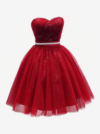 Rouge Robe de bal courte robe de soirée robe mini à sequins trapèze sans bretelles