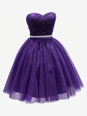 violet Robe de bal courte robe de soirée robe mini à sequins trapèze sans bretelles